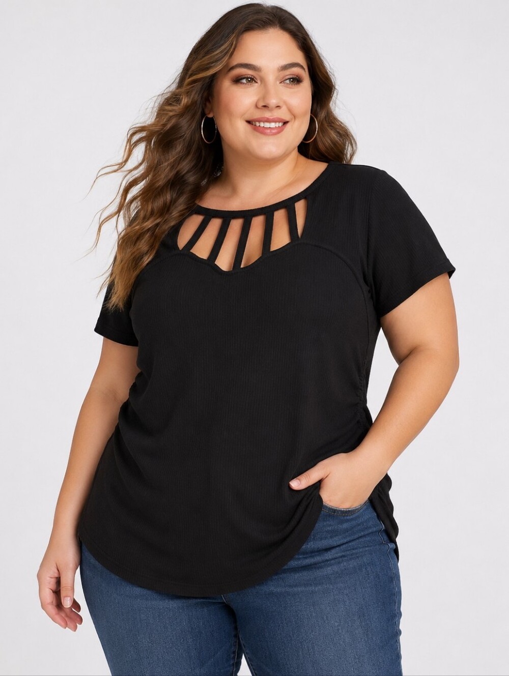Candie’s Plus Size 3X Black Ribbed Cutout Cage Neck Short Sleeve Top